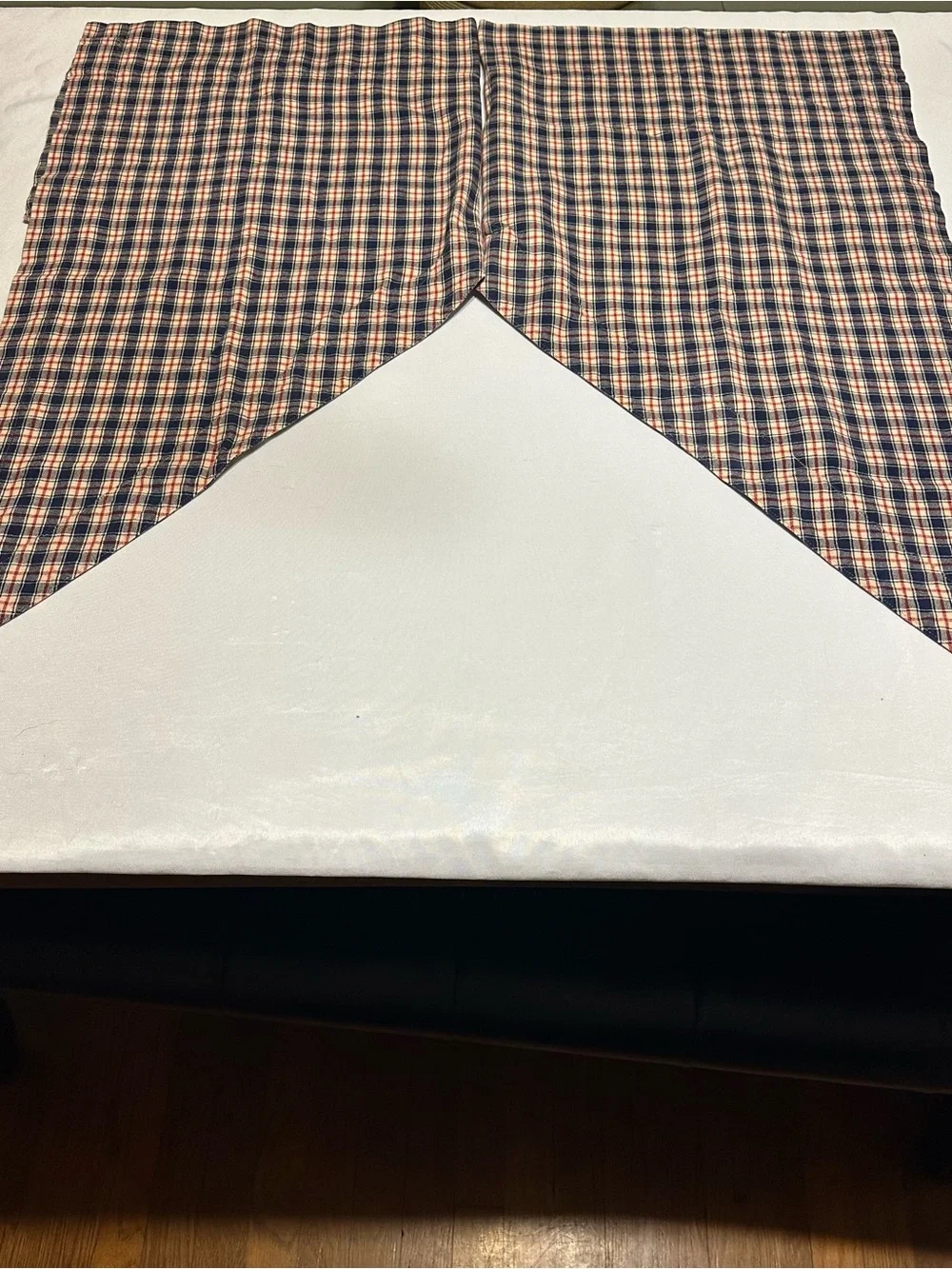 Primitive Plaid Valance Curtain Panel in Navy / Tan / Red set of 2